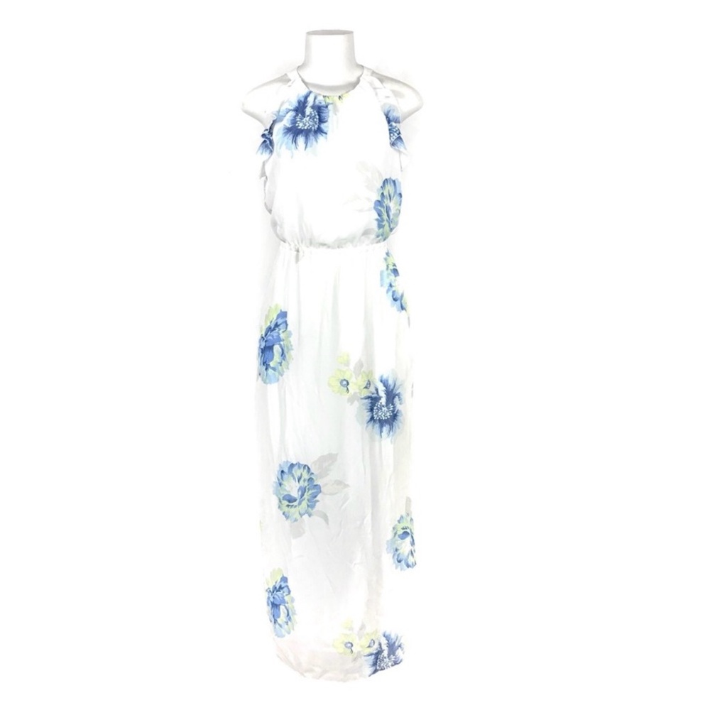 Old Navy Maxi Dress XS Sleeveless Floral White Blue Ruffle Festival Boho Summer